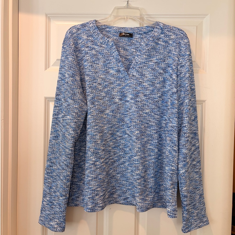 Textured Waffle Knit Lightweight Blue Long Sleeve Tee